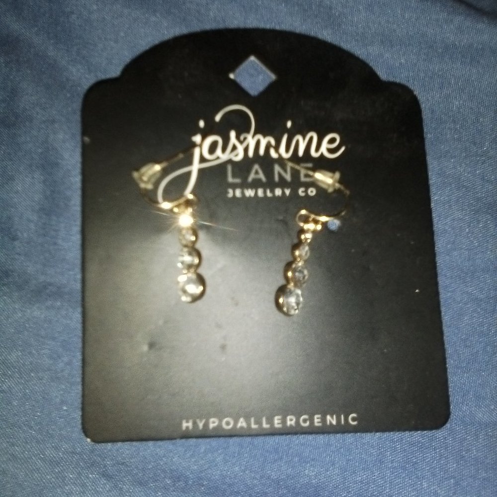 Gold Earrings ; drop diamonds, Jasmine Lane, Hypoallergenic.